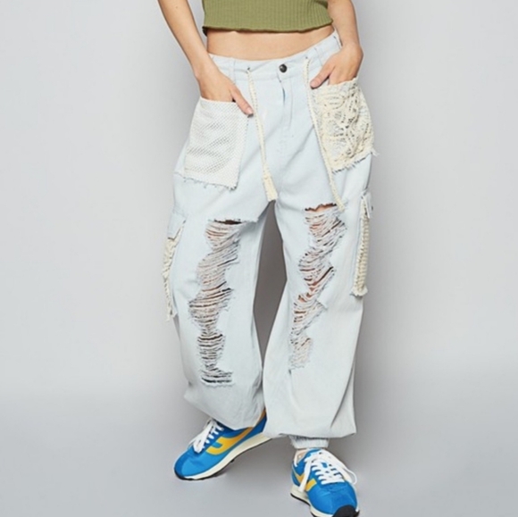 POL Denim - New POL Light Blue Patchwork distressed Joggers